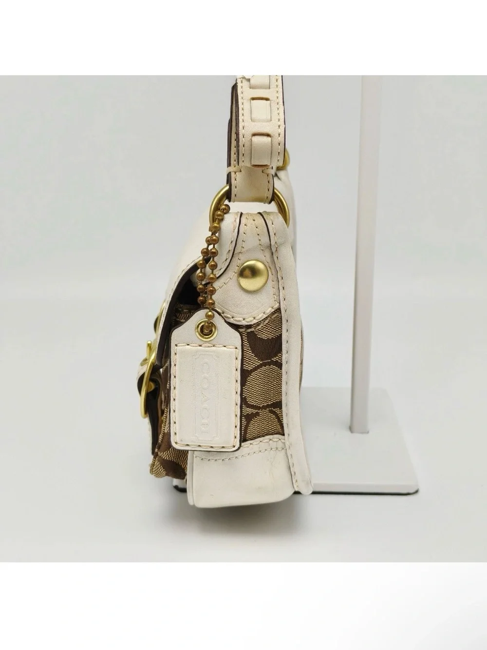 Coach Signature Mini Crossbody Bag Brown Canvas White Leather Flap Buckle Y2K
